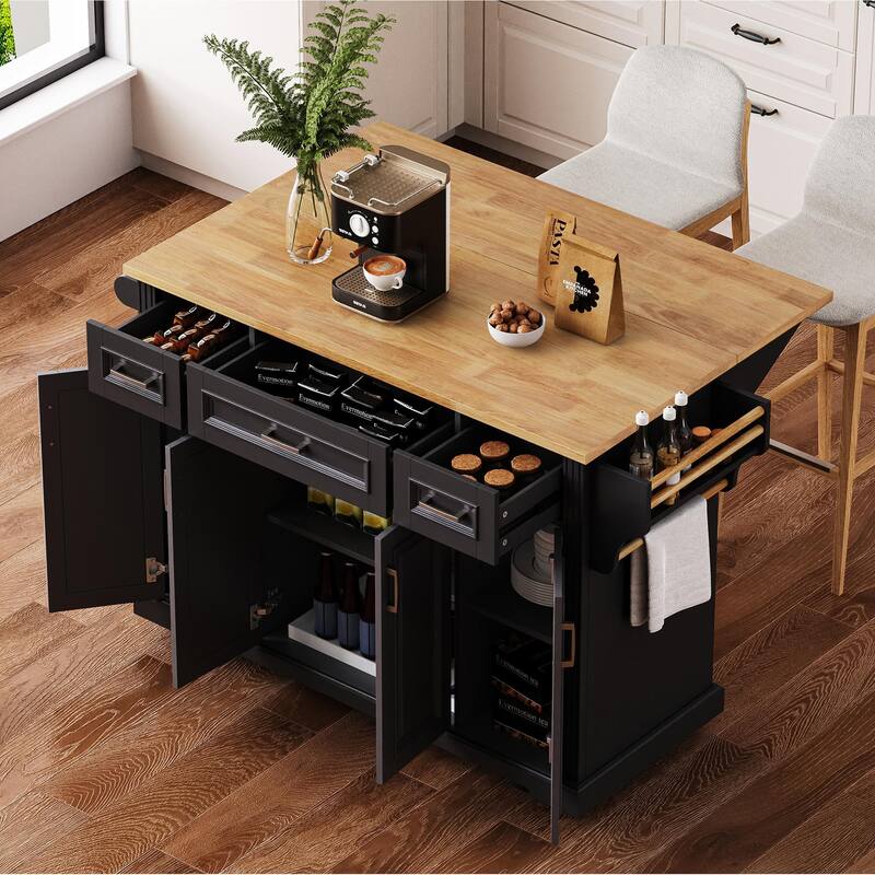 Modern Large Kitchen Island with Folding Board 3 Drawers, 4 Doors, Spice Rack and Towel Rack, for Kitchen - Black