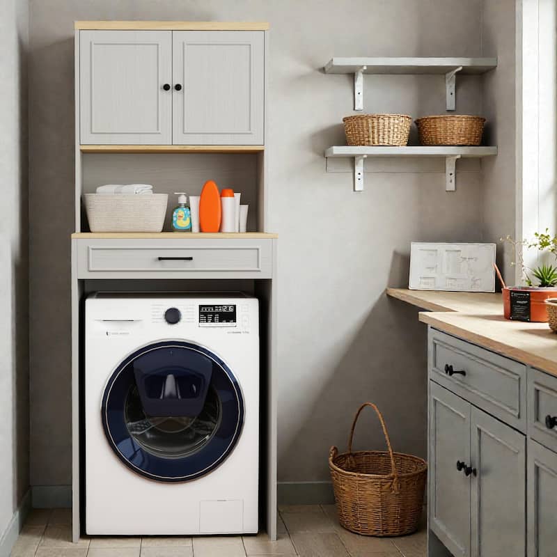Over-the-Washer and Dryer Storage Cabinet with Adjustable Shelf, Fake Drawer Design, Laundry Room Organizer