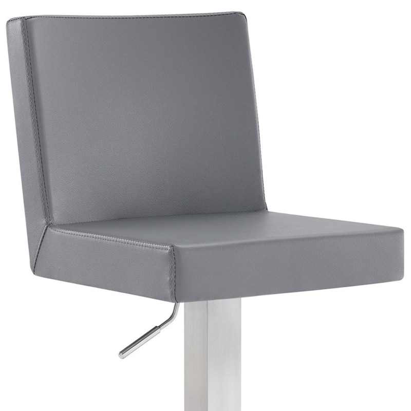 Grey Faux Leather Swivel Adjustable Bar Stool with Full Back and Footrest - 18” x 15.5” x 43.5” (D x W x H)