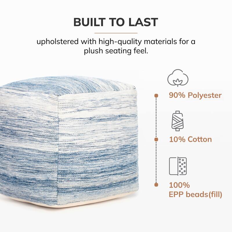 Jani Bar Harbor Blue & Ivory Square Pouf Ottoman - Handmade Footrest for Living Room, Bedroom, Patio
