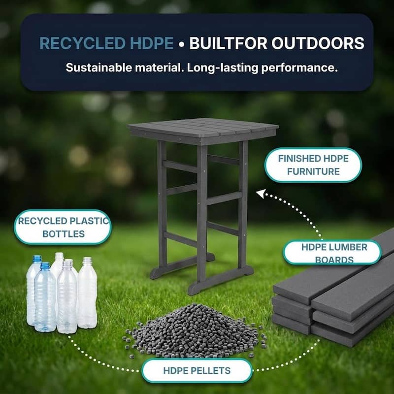 HDPE Bar-Height Outdoor Patio Pub Table, 42.1" Square High Top Bistro Table with Umbrella Hole, Weather-Resistant Slatted Top