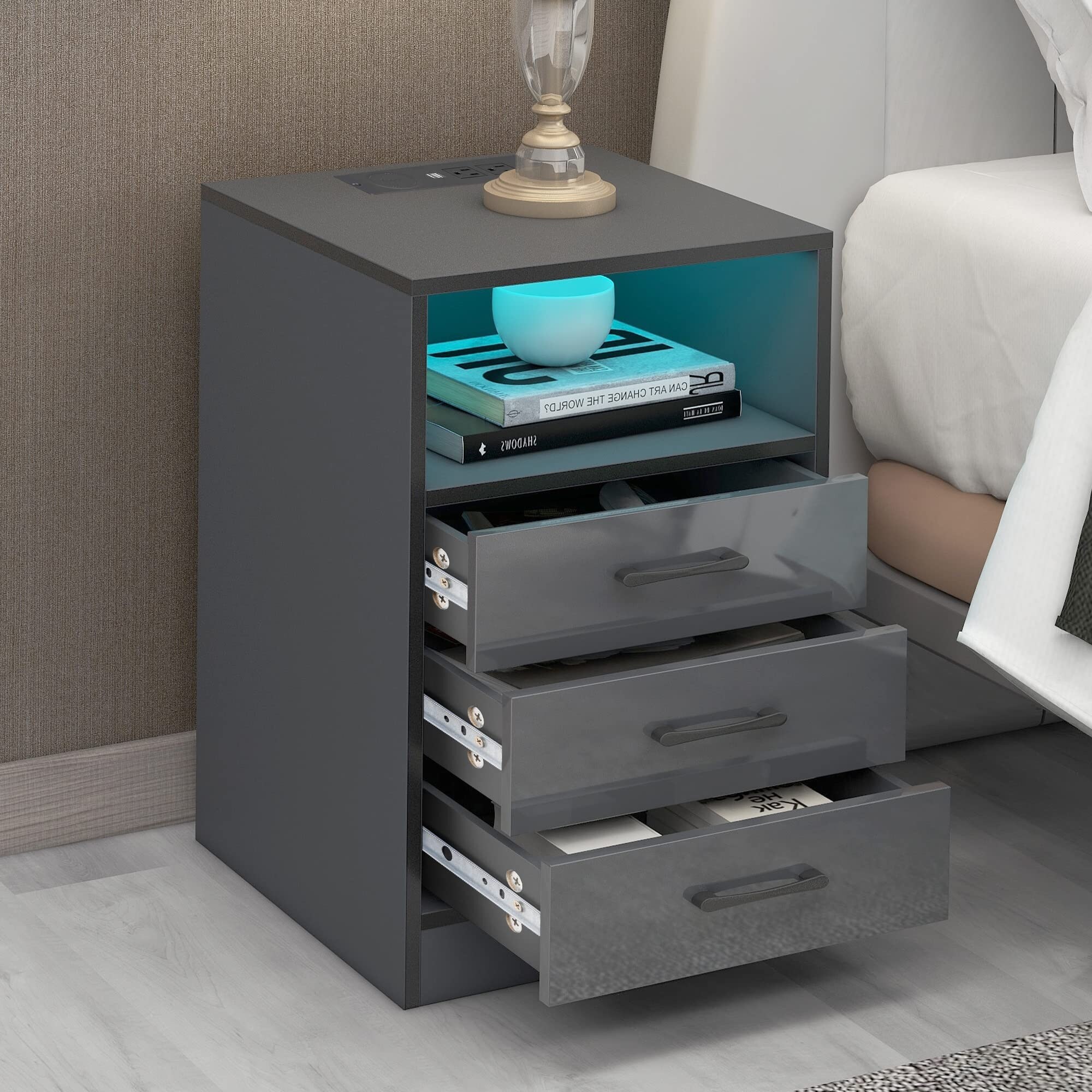 LED Nightstand with 3 Drawers and Wireless Charging Station Modern