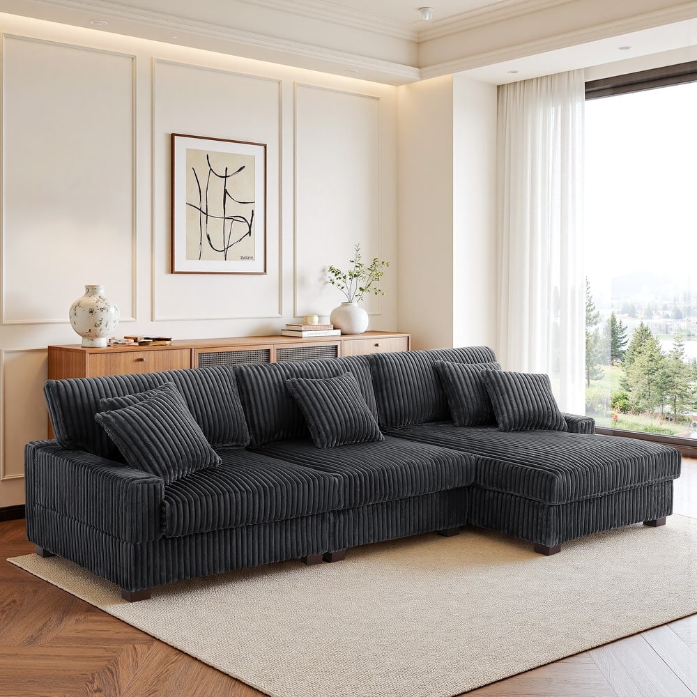 118.3" W Plush Corduroy Square Arm Upholstered Sectional Modular Sofa