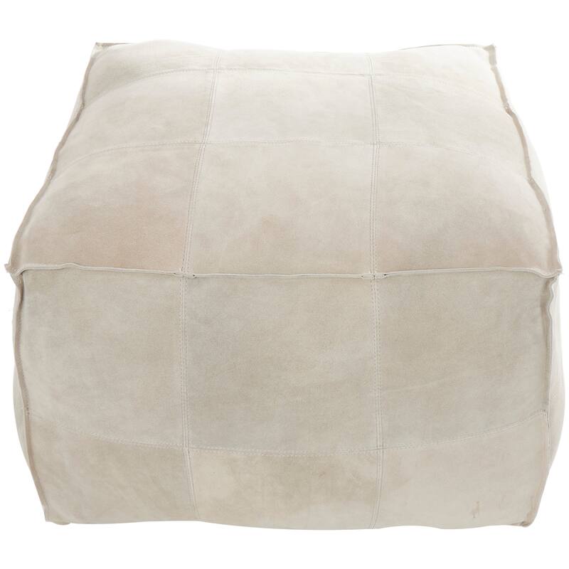 Gray Leather Low Profile Square Pouf with Patchwork Design