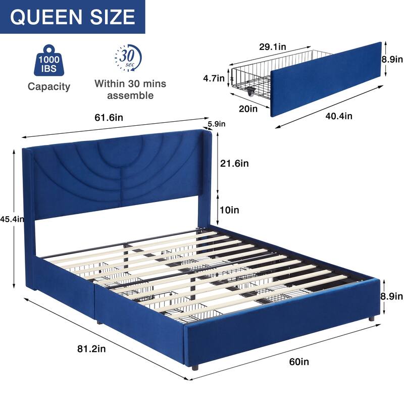 Javlergo Upholstered Bed with Tufted Headboard Bed Frames with Storage Drawers Princess Platform Bed with Wooden Slats Support