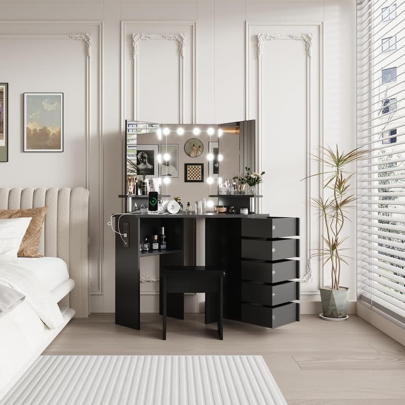 Makeup Vanity with Lights, Power Outlets, Tri-Fold Mirror, 5 Rotating Drawers, Stool