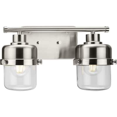 Beckner Collection Two-Light Brushed Nickel Clear Glass Urban Industrial Bath Light - 14.62 in x 6.37 in x 8.37 in