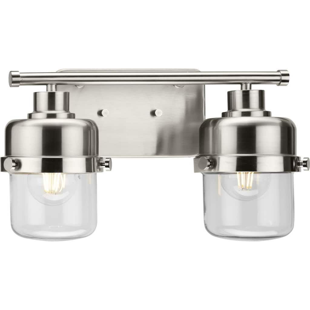 Beckner Collection Two-Light Brushed Nickel Clear Glass Urban Industrial Bath Light - 14.62 in x 6.37 in x 8.37 in
