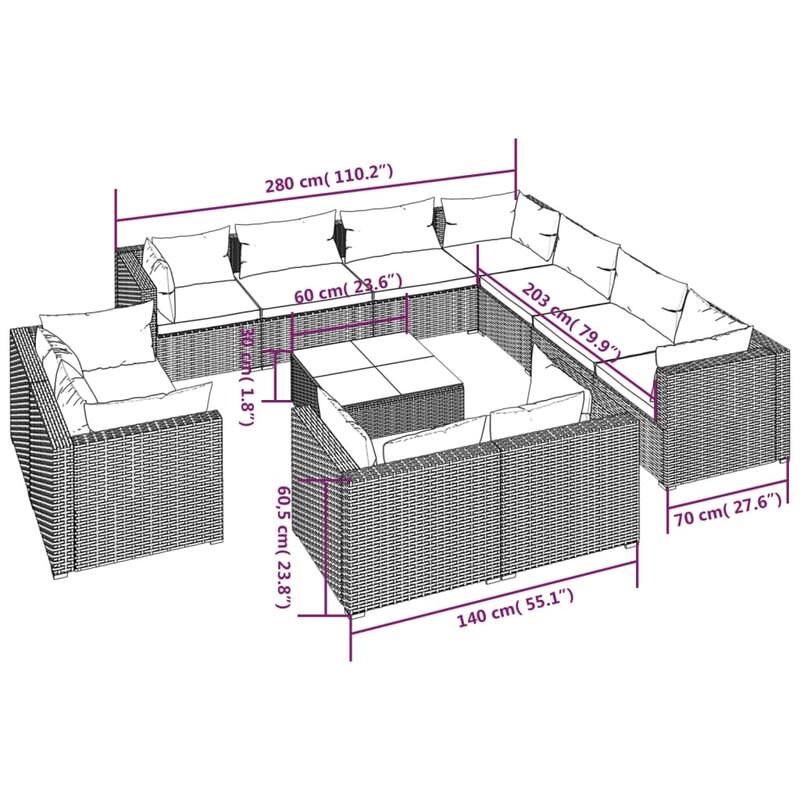 vidaXL Patio Lounge Set with Cushions Brown Poly Rattan - 27.6" x 27.6" x 24" - 27.6" x 27.6" x 24"