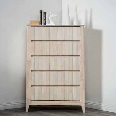 Furniture of America Seren Mid-Century Modern Off-White Solid Wood 5-Drawer Storage Chest