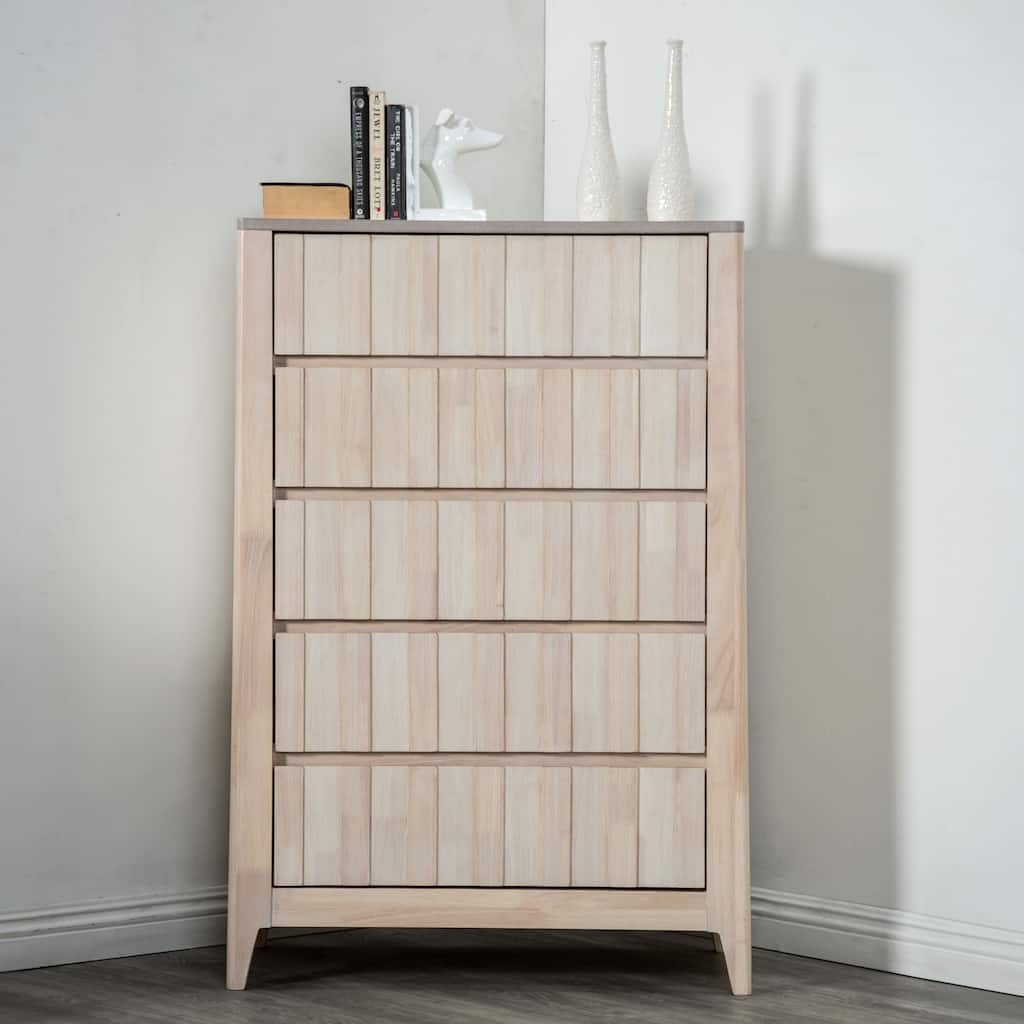 Furniture of America Seren Mid-Century Modern Off-White Solid Wood 5-Drawer Storage Chest