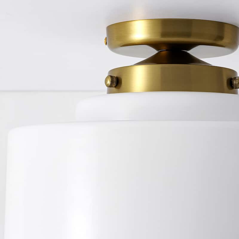 1-Light Mid-Century Modern Gold Cake-Shaped Semi-Flush Mount Ceiling Light with Opal Glass Shade for Bedroom, Kitchen