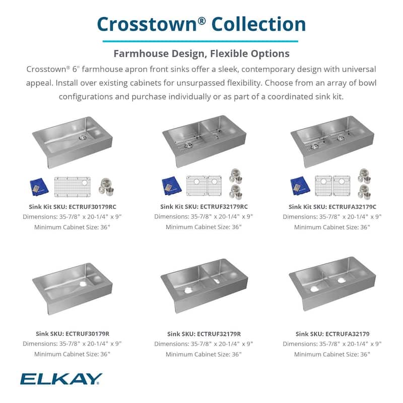 Elkay Crosstown 18 Gauge Stainless Steel 35-7/8" x 20-1/4" x 9", Single Bowl Farmhouse Sink Kit