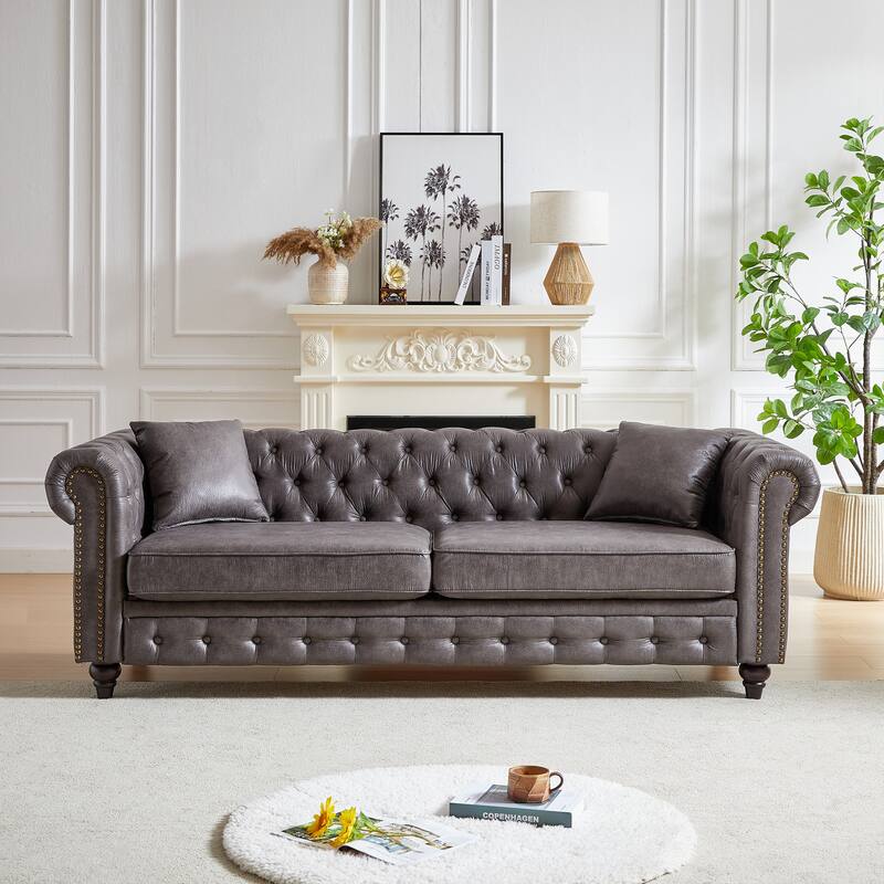 Grey 85.5" Tech Fabric 3-Seater Chesterfield Sofa with Rolled Arms, 2 Cushions