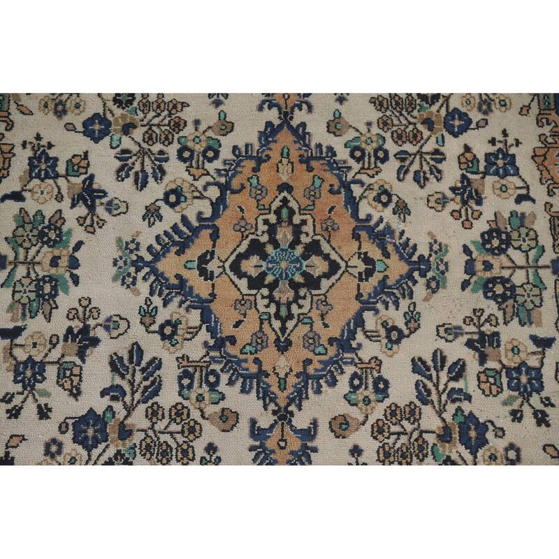 Hand Knotted Oriental 100% Wool Carpet Traditional Medallion Beige & Ivories Hamedan Area Rug - 9' 11'' X 6' 7''