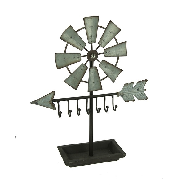 Rustic Metal Windmill and Arrow Sculpture with Key Hooks - 13 X 10.75 X 3 inches