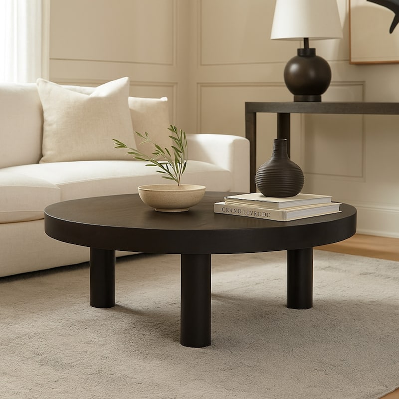 Reny Cocktail Coffee Table, 42 Inch Round Black Acacia Wood Top, Iron Legs