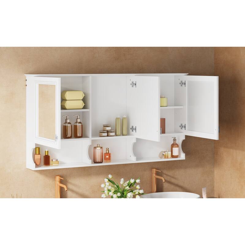 55"Mirror Medicine Cabinet with Open Shelves,Wall Mounted Storage with Doors & Mirror,Adjustable Shelf