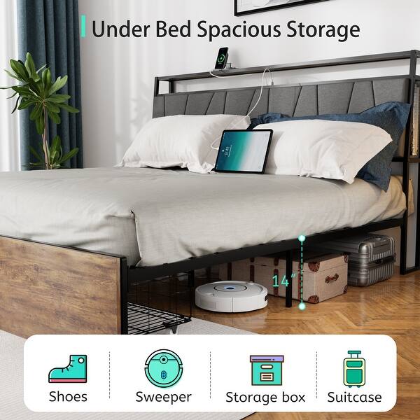 slide 2 of 8, Queen Metal Platform Bed with Storage Shelves, USB Ports, and RGB Lights Full