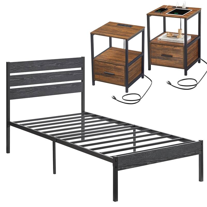 Javlergo 3-pieces Bedroom Set Queen Size Bed and 2 Nightstands with Charging Station USB Port