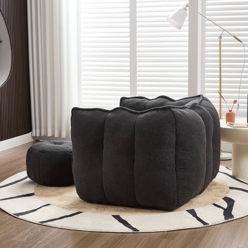 Extra-Large Chenille Bean Bag Chair with Footstool, Comfy Bean Bag Sofa for Adults, High Resilient Foam Square Lazy Sofa