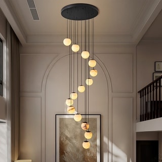 KAYLA Luxury 14-Light Alabaster Globe Chandelier in Vintage Copper Finish, Grand Pendant Light for Stairwells or Foyers - 138in