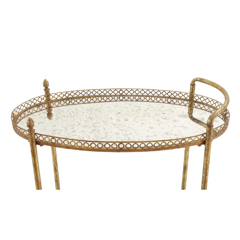 Metal Rolling Oval 2 Shelf Bar Cart with Vintage Inspired Details - Gold or Brass - Roche River Decor