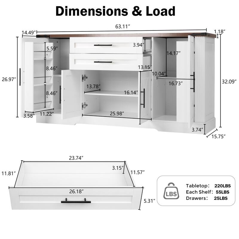 63"Barn Door Storage Cabinet with 2 Drawers & Door Rack, Large Buffet Table Coffee Bar Cabinets with Adjustable Shelves