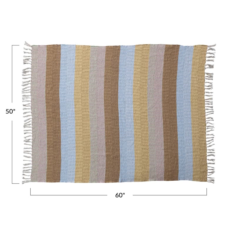 Woven Reclaimed Cotton Blend Throw with Stripes and Fringe - Multi - 60.0"L x 50.0"W x 0.1"H