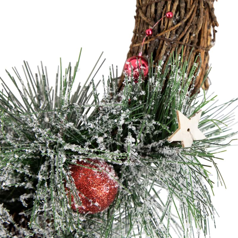 Red Ornaments Pine Needle and Stars Frosted Christmas Wreath 13.75-Inch - 13.75"