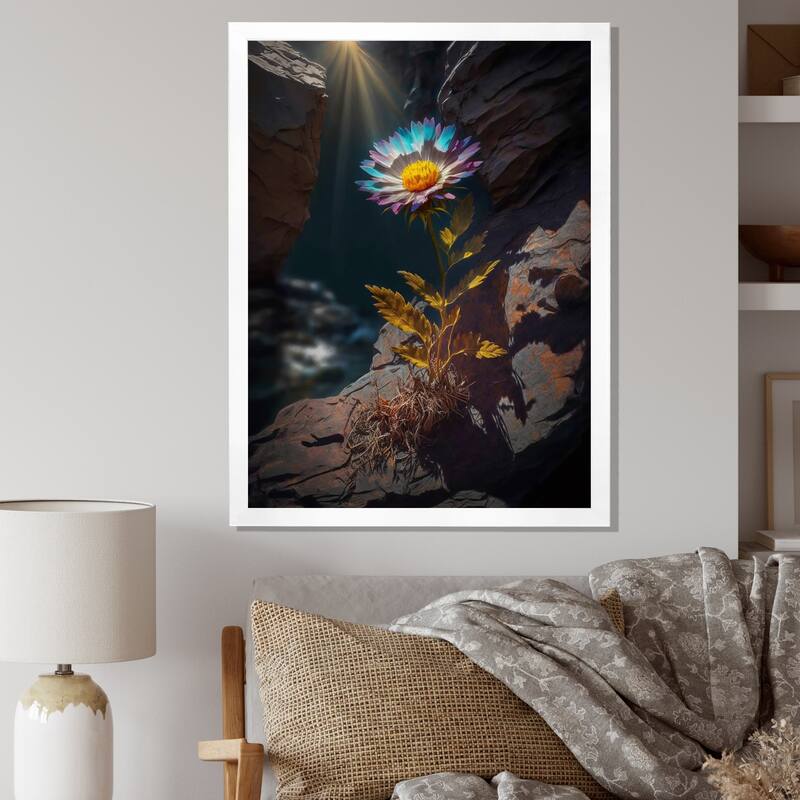 Designart "Fierce Blue Mountain Flower Captures Sunshine" Flowers Framed Canvas Prints - 24 in. wide x 32 in. high - White