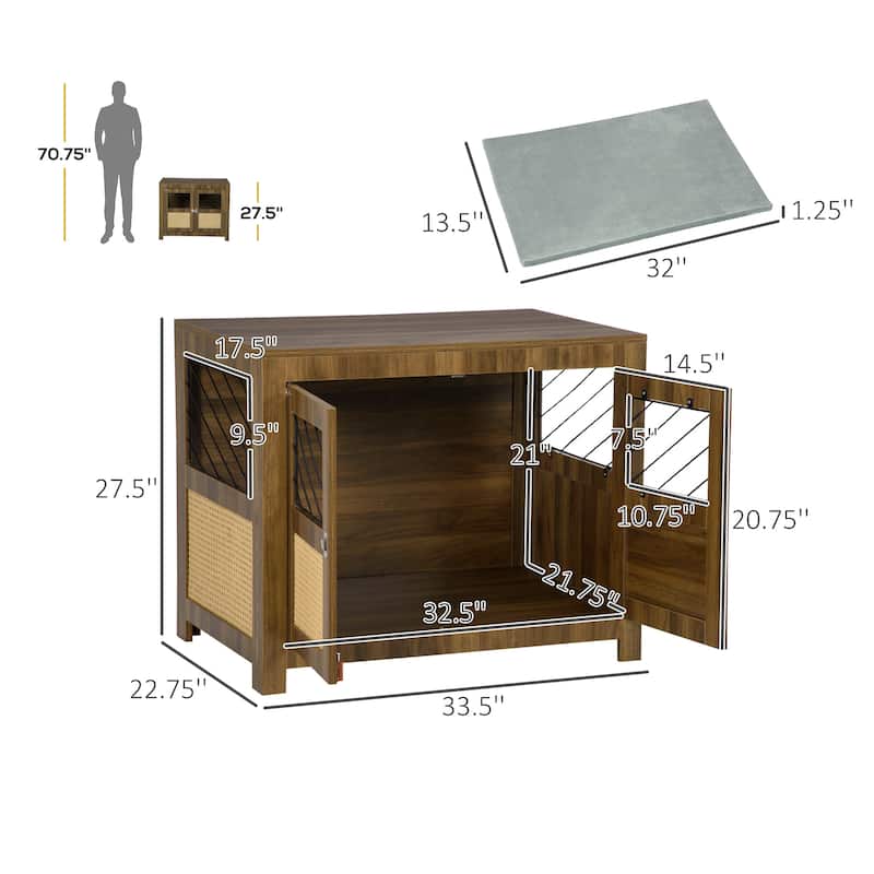 PawHut Dog Crate Furniture with Soft Cushion, Dog Crate End Table with Rattan Decoration