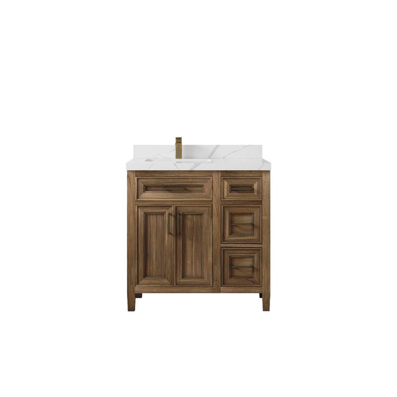 Willow Collections 36 in. W x 22 in. D Santa Monica Teak Left Offset Sink Bathroom Vanity with Countertop - 2" Calacatta Laza - Gray Washed Teak