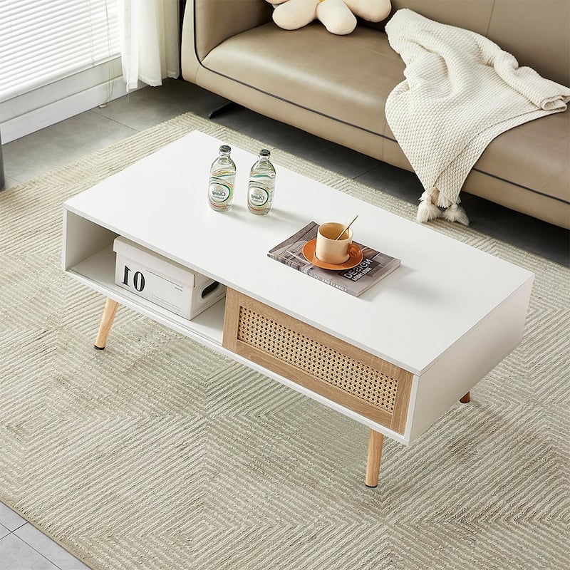 Rattan Coffee Table,Accent Table,Sliding Woven Door&Solid Wood Legs - 41.34"L x 21.65"W x 16.34H