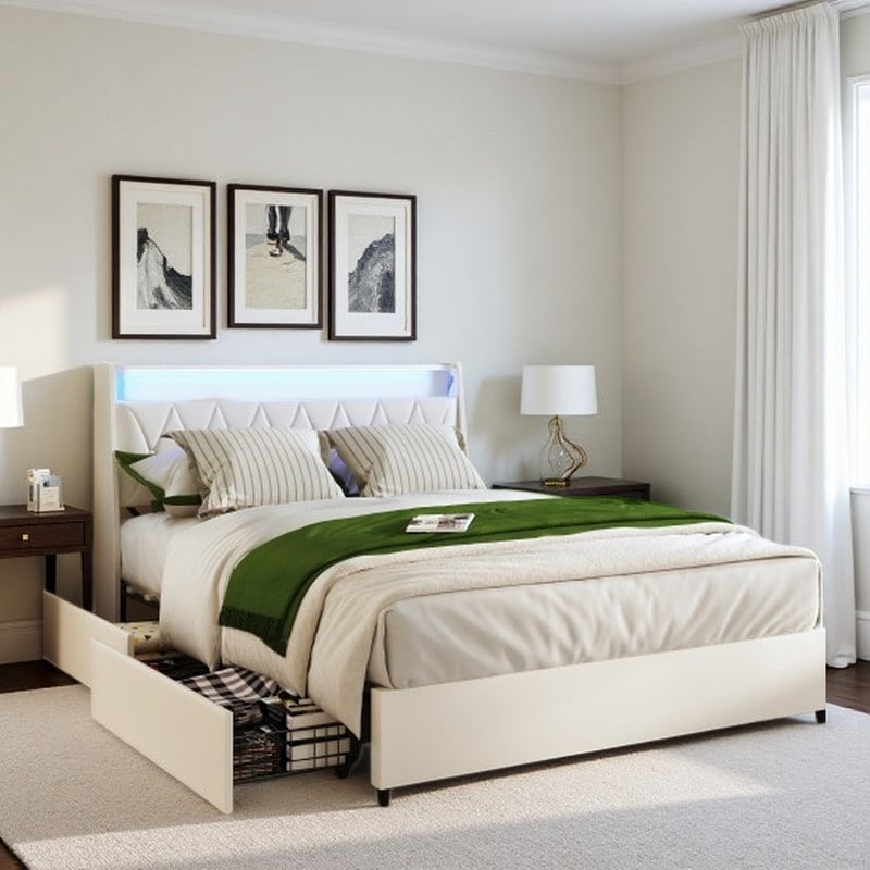 Full Size Metal Platform Bed with Ergonomic Headboard, Built-In Storage Shelf, USB Charging Ports & LED Lighting