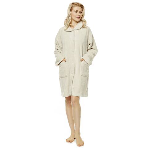 Women's Button Front Cardigan Premium Fleece Lounge Bed Jacket Robe