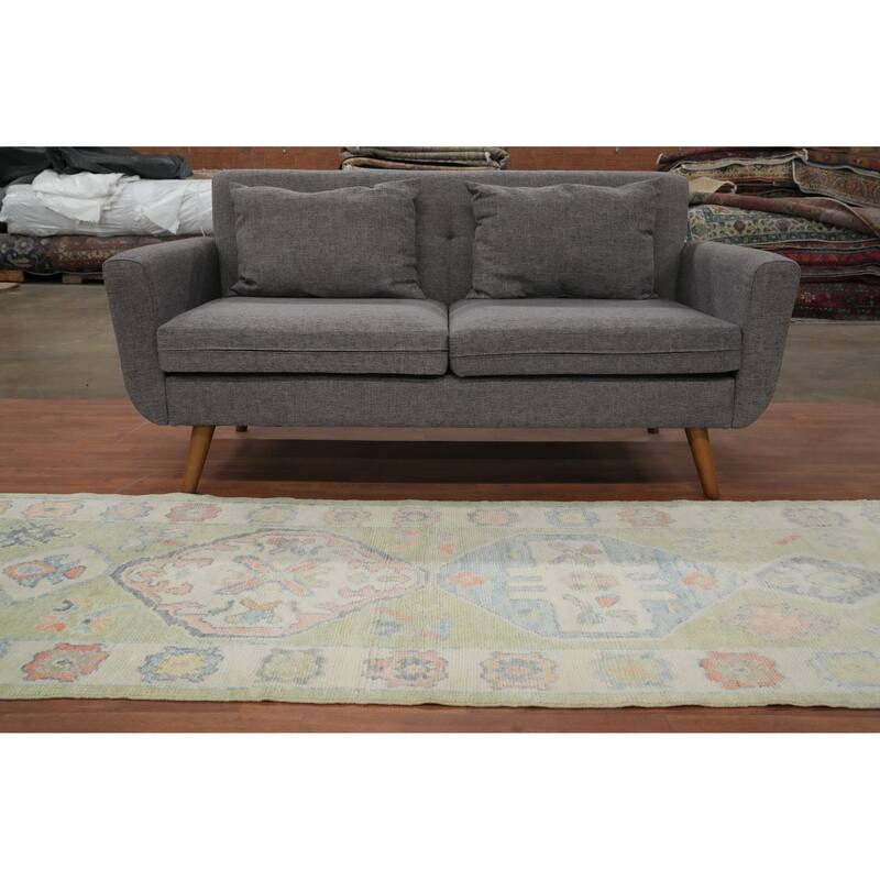 Hand Knotted Oriental 100% Wool Carpet Transitional Geometric Green Oushak Runner Rug - 7' 11'' X 3' 0''