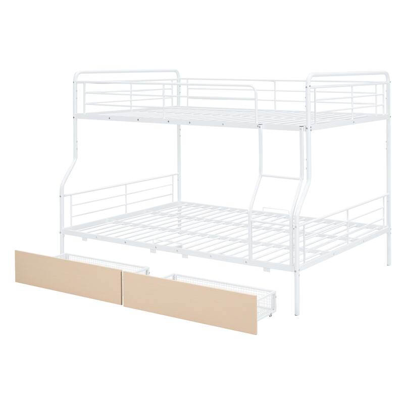 White Full XL Over Queen Metal Bunk Bed with 2 Drawers, Sturdy Iron Frame, Space-Saving Design