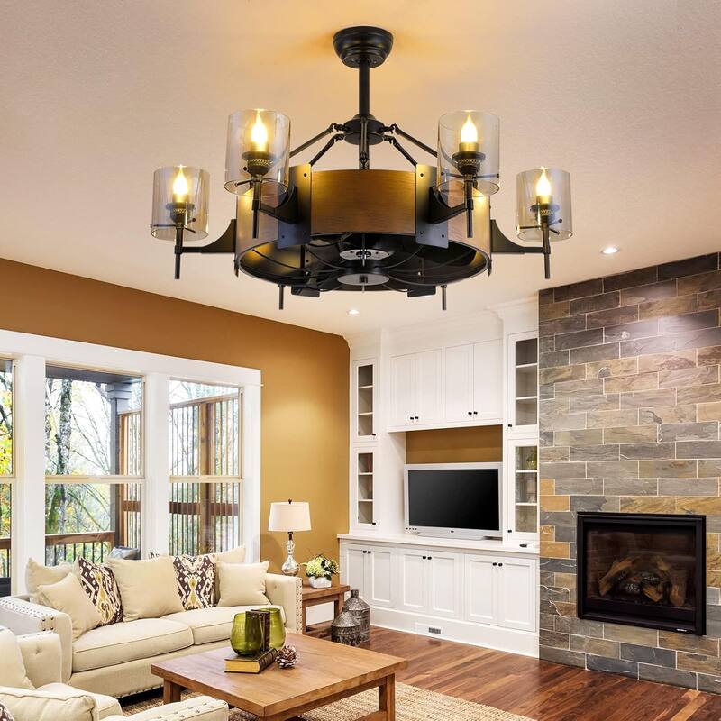 39.5 Inches Wood Grain Farmhouse Fandelier Ceiling Fan with Remote,6 E26 Bulbs Base,DC Motor - 39.5 Inches - Black with wood grain