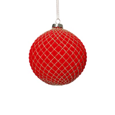 4-Piece Set Flocked 4.75" Glass Ball Christmas Ornaments with Gold Accents