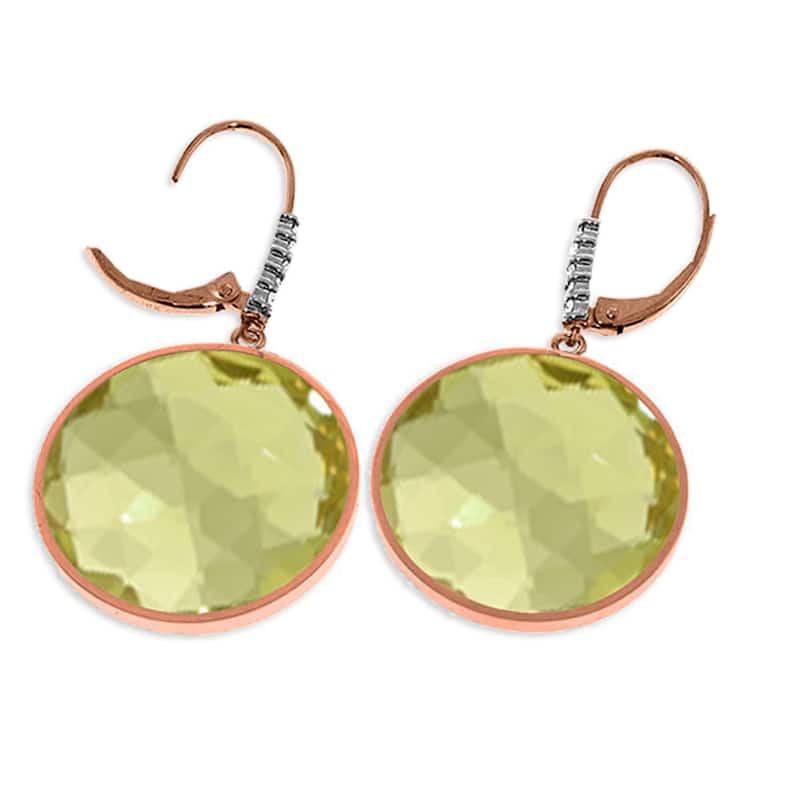 14K Solid Gold Diamonds Earrings w/ Checkerboard Cut Lemon Quartz
