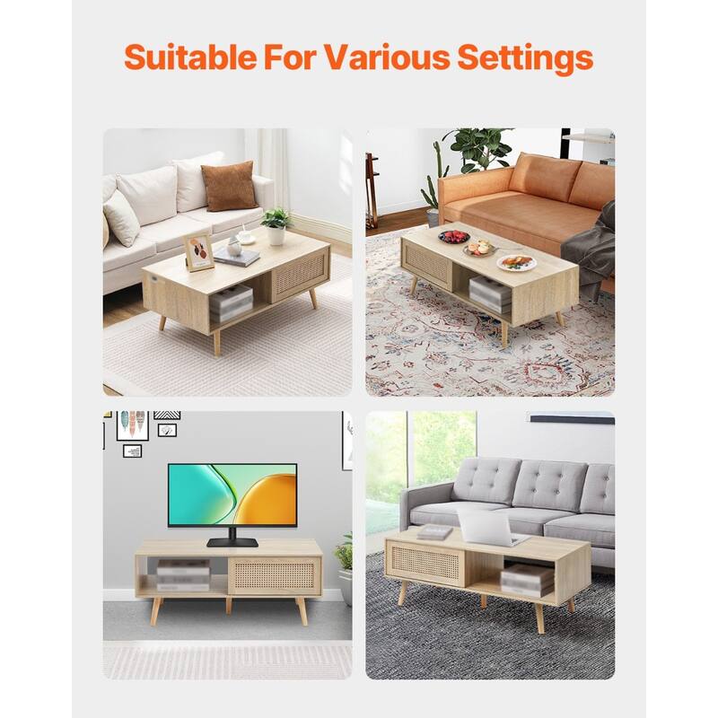 42 Inch Modern Rattan Rectangular Coffee Table with Sliding Doors for Hidden Storage and One Open Shelf - 41.3” x 21.7” x 16.3”
