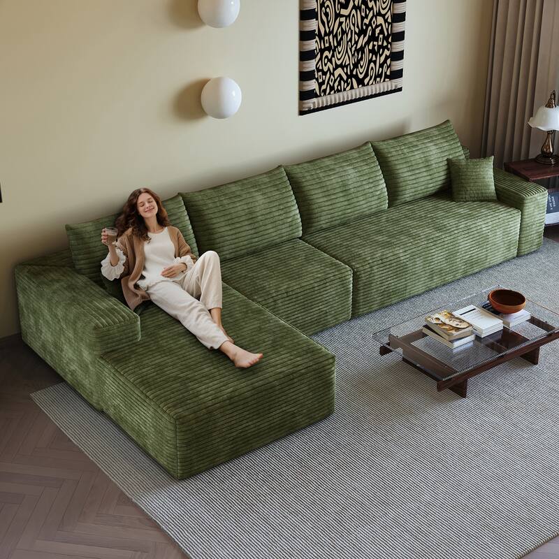 L-Shape Modular Sectional Sofa with Chaise Lounge, Oversized Corduroy Upholstered Cloud Couch, Corner Sofa with Deep Seat - Green