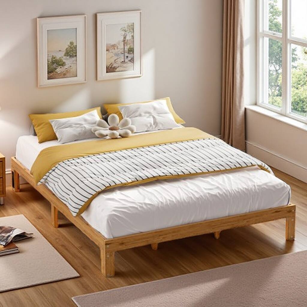 Queen Solid Wood Platform Bed Frame with 12 Sturdy Legs, 12" Clearance for Storage, Built-In Power Socket & Mood Lighting