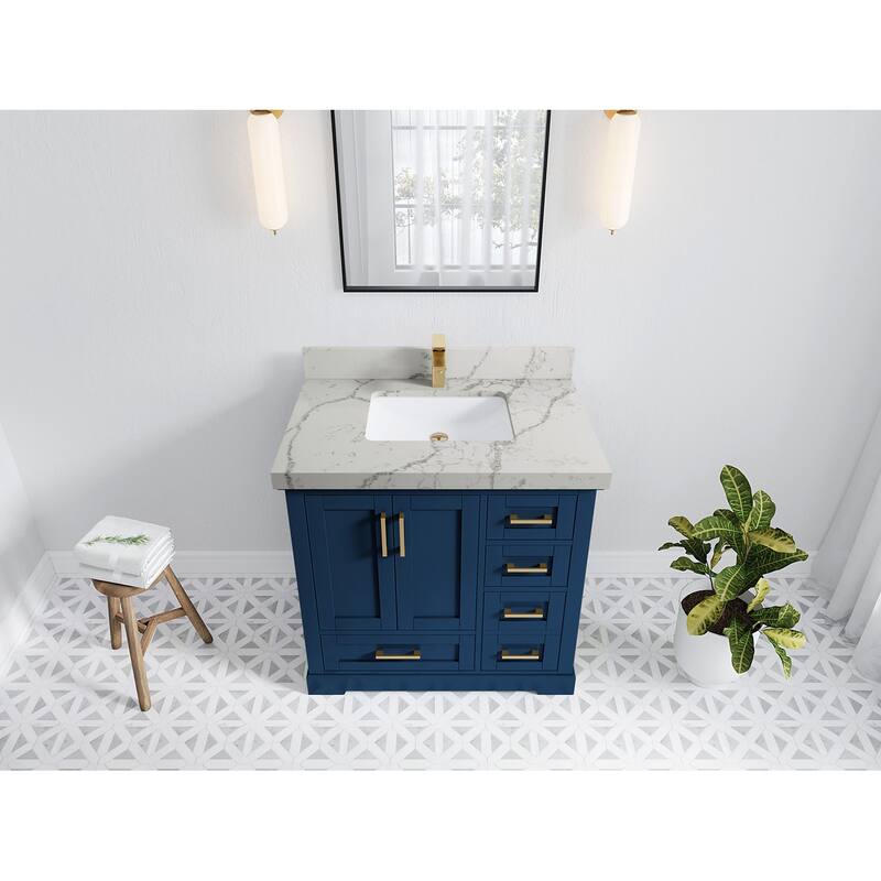 Willow Collections 36 x 22 Boston Center Sink Left Bathroom Vanity with Countertop - 2"Venatino Quartz - Navy Blue