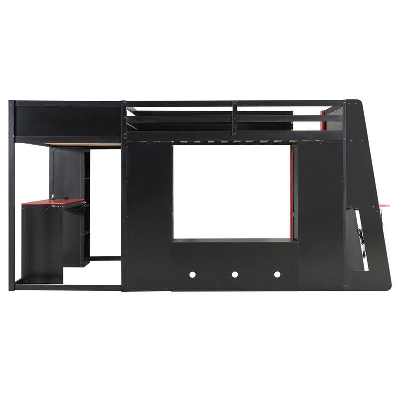 L-shaped Bunk Bed Twin Size Gaming Loft Bed with Desks, TV Stand, Shelves, Light Strip, Charging Station and Reversible Layout