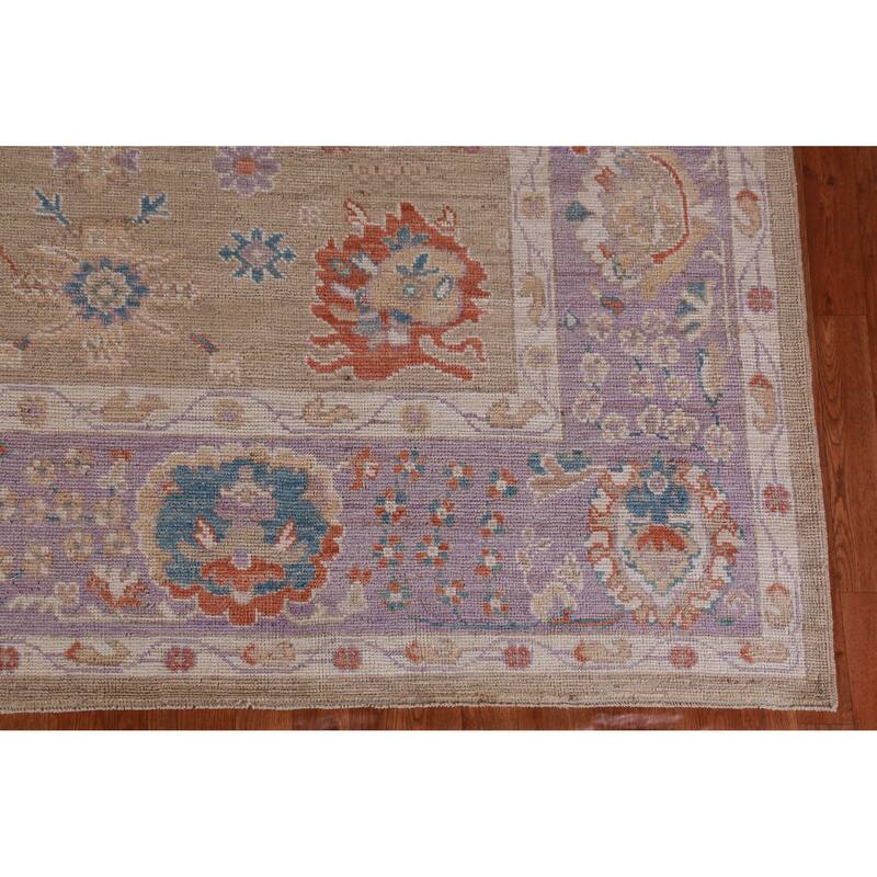 Hand Knotted Oriental 100% Wool Carpet Transitional All-Over Brown Oushak Area Rug - 14' 2'' X 9' 10''