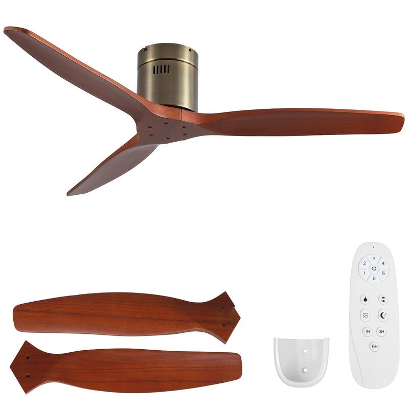 52In. Farmhouse Indoor Flush Mount Low Profile Ceiling Fan with Solid Wood Blades and Remote Control
