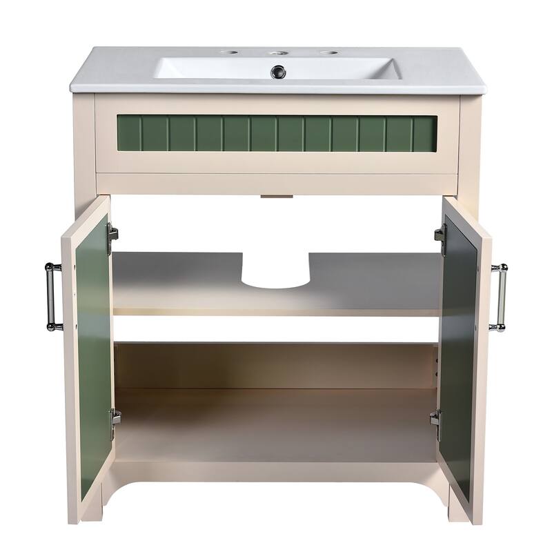 30 Inch Single Sink Freestanding Bathroom Vanity in Green with White Ceramic Top