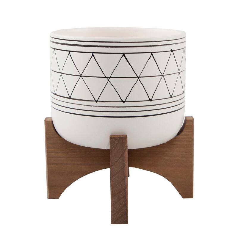5-in. White/Goldtone Geometric Ceramic/Wood Planter
